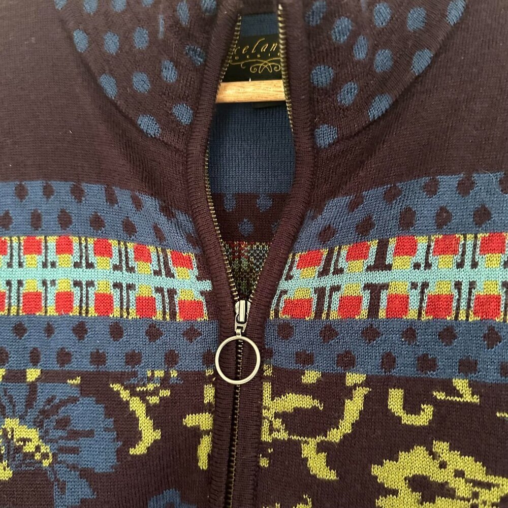 Icelandic Design Floral Full Zip Wool Cardigan Sweater - Medium - Picture 2 of 5